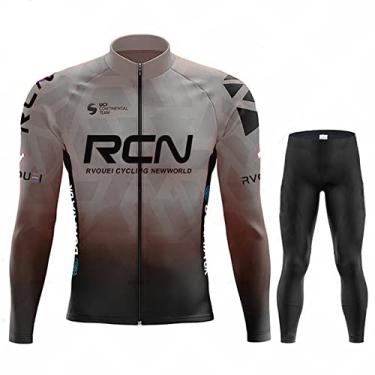 Imagem de Outono Inverno Ciclismo Jersey Ao Ar Livre Térmico Fleece Bicicleta Meia-calça Zíper Completo À Prova de Vento Bicicleta de Estrada Manga Longa Bib Pants, Cinza, G (174 CM/73 KG)