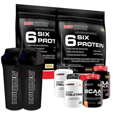 Imagem de Kit 2x Six Protein Baunilha e Chocolate 900g + 2x BCAA Tangerina 100g + 2x Power Creatina Tangerina 100g + 2x Coqueteleira - Bodybuilders