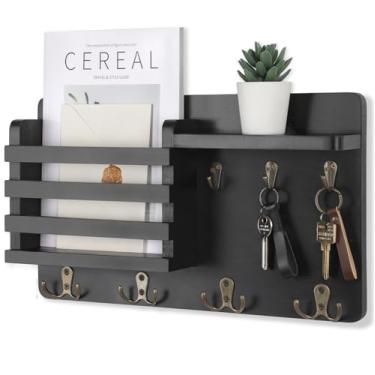 Imagem de Nekon Suporte de correio para organizador de correspondências de parede com ganchos de chave Corredor de casa de fazenda organizador de letras feito de pinho natural com prateleira flutuante e ferragens de montagem embutida (40 cm x 25 cm x 8,2 cm) (preto)