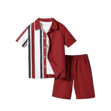 Imagem de Cozyease Conjunto de 2 peças de camisa de manga curta com botões frontais e shorts casuais para meninos, Listrado vermelho, 10 Anos