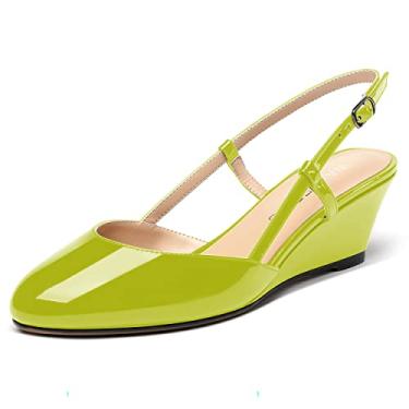 Imagem de WAYDERNS Sandália feminina com fivela no tornozelo com tira no tornozelo e bico redondo com alça ajustável para escritório de patentes salto baixo anabela 5 cm, Amarelo, verde, 5