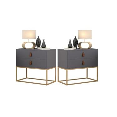 Imagem de Kit 2 mesinha lateral cabeceira Criados Unic 60cm Com Pés De Ferro Dourado Cor:Cinza