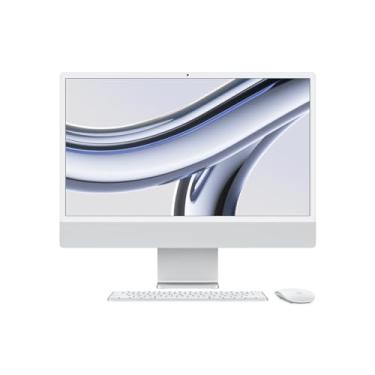 Imagem de iMac. O computador desktop tudo em um da Apple com chip M3 (2023): CPU de 8 núcleos, GPU de 10 núcleos, tela Retina 4.5K 24 pol, 8GB de memória unificada, SSD 512GB e acessórios na mesma cor. Prateado