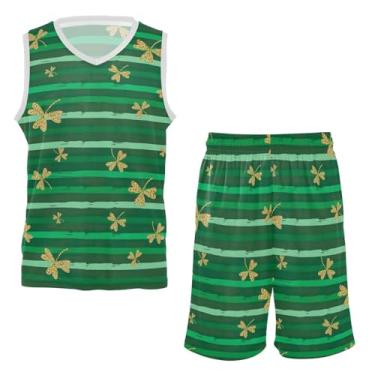 Imagem de Conjunto de camisa de basquete juvenil uniforme de treinamento de equipe esportiva camisa camisa e shorts para meninos e meninas, Dia de São Patrício, listras verdes, trevo dourado, P