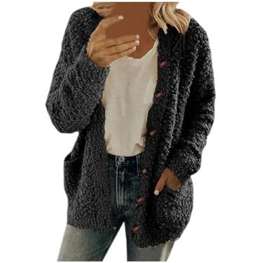 Imagem de Casaco feminino de ovelha com botões e manga comprida, cor sólida, agasalho, plus size, casaco casual de inverno, Preto, 3G