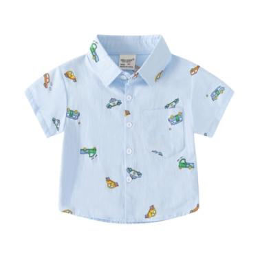 Imagem de Yueary Camisetas sociais havaianas casuais para bebês meninos com estampa de carro com botões e manga curta camiseta de férias, Azul, 110/3-4 Y