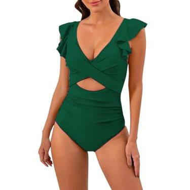 Imagem de Biquíni feminino de cintura alta estampado conservador com almofada de peito sem aço roxo, Verde, XXG