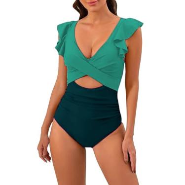 Imagem de Biquíni feminino de cintura alta estampado conservador com almofada de peito sem aço roxo, Verde menta, G