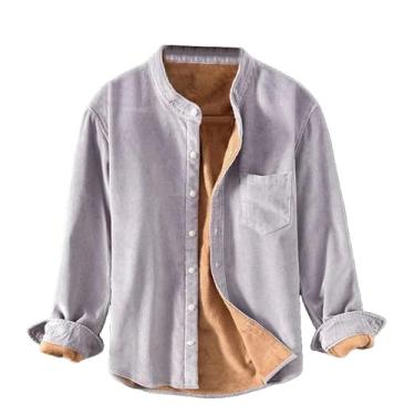 Imagem de Camisa masculina de veludo cotelê de manga comprida plus fleece espessa cor sólida gola alta de algodão casual mantém quente, Cinza, G