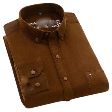 Imagem de Camisa masculina casual de veludo cotelê de algodão sólido para trabalho masculina manga longa vintage macia primavera outono com bolso frontal, Dxr08, 3G