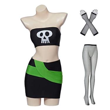Imagem de Women's Danny Phantom Cosplay Sam Manson Costume Skull Print Sexy Crop Top Mini Skirt Set (XXL, Green&Black)