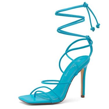 Imagem de Shoe Land SL-Finely sandália feminina bico quadrado com cadarço e salto agulha, Azul, 11