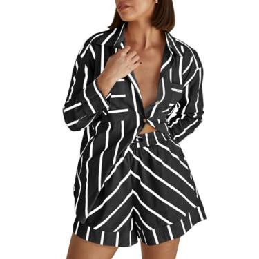 Imagem de Tankaneo Conjunto feminino listrado de 2 peças, camisa de botão e shorts combinando, Preto, X-Large