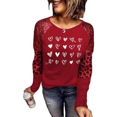 Imagem de Camiseta feminina manga longa com estampa Love Heart para o Dia dos Namorados Color Block com lantejoulas, Vermelho - 01, P