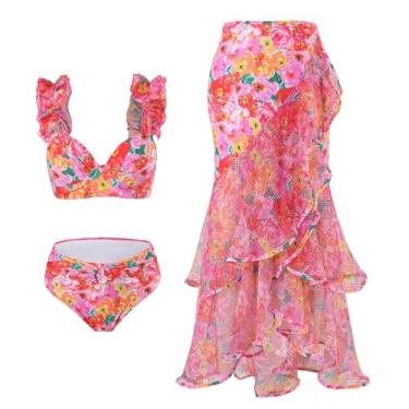 Imagem de OLEMEK Maiô feminino de 2 peças, maiô de praia com estampa floral, biquíni tropical com saia envolvente, Flor esmagada, P