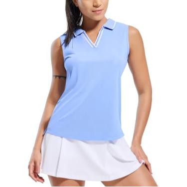 Imagem de MIER Camisa polo feminina de golfe sem mangas, gola seca, gola V, canelada, atlética, com absorção de umidade, Azul claro/branco, GG