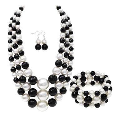 Imagem de utop Conjunto de colar e brinco de pérola grande grande colar de pérolas de vários fios bijuterias colares de pérolas grossas para mulheres, Zinco, Pérola sintética