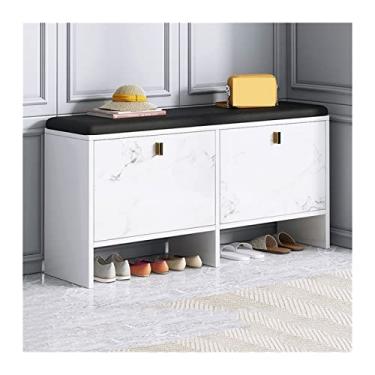 Imagem de prateleira de sapatos Armário de sapato de entrada de madeira de armazenamento de calçados de madeira com almofada de assento acolchoada, prateleiras ajustáveis, gabinete de sapatos de varanda para co