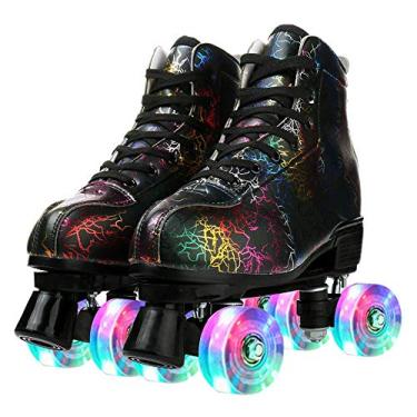 Imagem de Patins clássicos de couro bovino de cano alto - patins de quatro rodas de duas fileiras para mulheres, homens e meninas (roda flash preta relâmpago, 37 = EUA: 5,5)