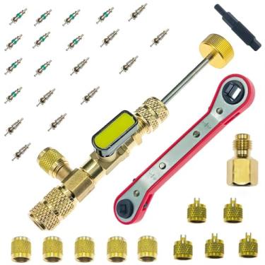 Imagem de Ferramenta de remoção de núcleo de válvula e conjunto de chaves de serviço HVAC com adaptadores de broca hexagonal, tamanho duplo SAE 1/4 e 5/16 porta para R410A R22, chave de serviço de refrigeração