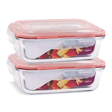 Imagem de KIT 2 Potes de Vidro Retangular com Tampa Hermética 1040ml Cor:Vermelho (QH)