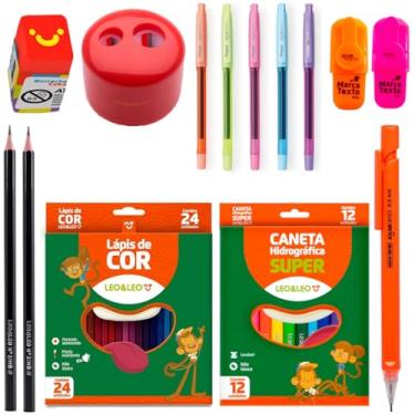Imagem de Material Escolar com 48 Itens Canetinha Lápis de Cor Apontador e Borracha Coloridos - Leo e Leo (Vermelho)