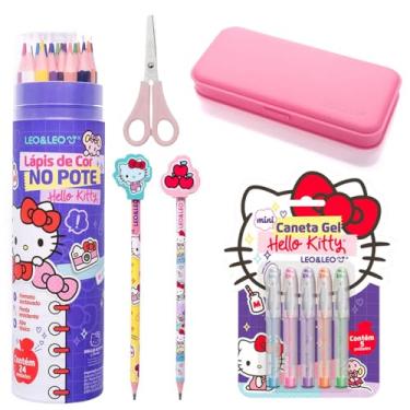 Imagem de Kit Material Escolar Infantil Feminino Meninas Caneta Colorida Lápis de Cor 24 Cores Tesoura Lápis com Borracha na Ponta - Leo e Leo (Rosa)