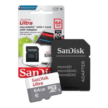 Imagem de Cartão Micro Sd Sandisk Ultra 64Gb 80Mb/S Com Adaptador Sd