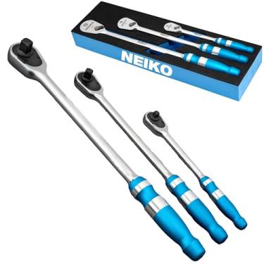 Imagem de NEIKO Conjunto de catraca de cabeça chata 03006A - 3 peças de perfil baixo 1/4, 3/8, unidade de 1/2 polegada, 90 dentes, alça texturizada anodizada, alça longa, cabeça selada, Cr-Mo