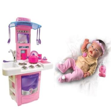 Imagem de Kit Bebê Reborn Silicone Roupa E Mamadeira + Cozinha Rosa - Big Star e