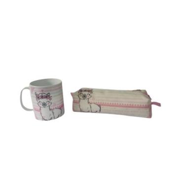 Imagem de Kit Estojo Nylon E Caneca Lhama Rosa Lindo Material Escolar - Art Pers