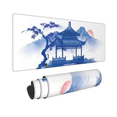 Imagem de Chinoiserie Tapete de mouse chinês para jogos grande GG azul e branco tapete de mesa arte asiática almofadas longas estendidas grande mousepad para decoração de escritório em casa acessórios gamer