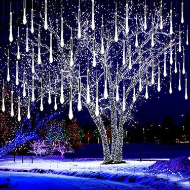 Imagem de Kwaiffeo Luzes de Natal ao ar livre, 8 tubos de luzes de chuva de meteoros LED neve caindo de gelo luz em cascata para decoração de árvore de Natal, festa de casamento, plugue UL, branco