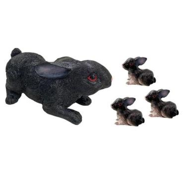 Imagem de Estatueta Coelho Grande Com 3 Filhotinhos Black Em Resina - LZ Decoraç