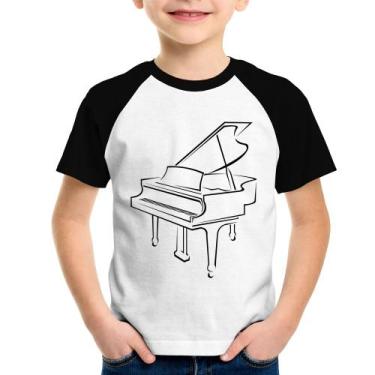 Imagem de Camiseta Raglan Infantil Piano - Foca na Moda, Branco, Preto, 12