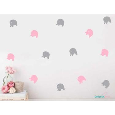 Imagem de adesivo de parede elefante rosa bebê e cinza miniaturas - Adesivos Kig