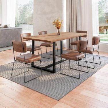 Imagem de Conjunto Mesa de Jantar Rústica de Madeira Maciça com 6 Cadeiras Aço R