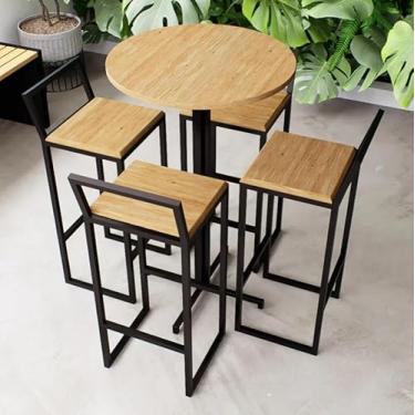 Imagem de Conjunto Mesa Alta Bar Bistrô Redonda 4 Banquetas Confort Pinus Industrial Black