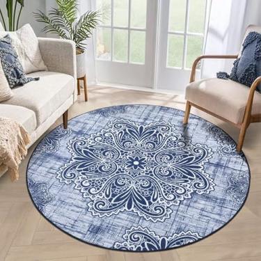 Imagem de COZYLOOM Tapete redondo medalhão 1,2 m lavável tapete antiderrapante redondo tapete boho sala de estar tapetes para sala de jantar entrada, bege/azul marinho