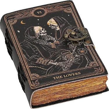 Imagem de C CUERO Livro de feitiços Caderno de couro Deckle Edge Paper Grimório Impresso Journal The Lovers Tarot Caderno Espiral Gótico Crânio Antigo Vintage Revistas de Couro para Homens e Mulheres (15 cm por 20 cm)