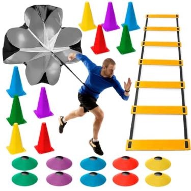 Imagem de Kit Agilidade Funcional Paraquedas, 1 Escada, 10 Cones e 10 Chapéus para Treinamento Intenso de Velocidade