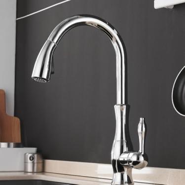 Imagem de Torneiras de cozinha Prata Alça única Puxador de cozinha Torneira de cozinha Alça de furo único Giratória 360 graus Torneira misturadora de água, cromada