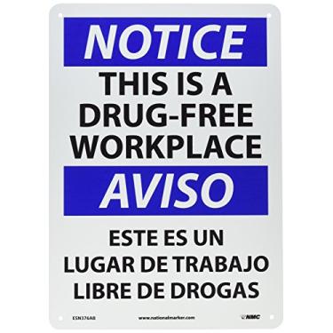 Imagem de NMC ESN376AB Placa bilíngue OSHA, legenda "AVISO - ESTE É UM TRABALHO SEM DROGAS", 35,5 cm de comprimento x 25,4 cm de altura, 0,040 alumínio, preto/azul sobre branco