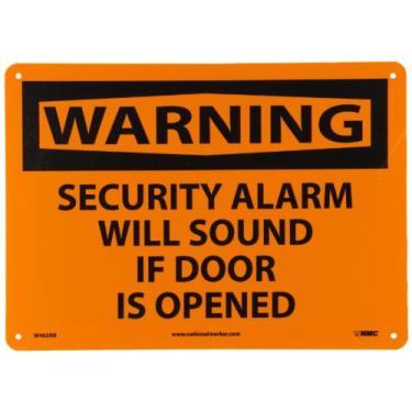 Imagem de NMC W463RB Placa OSHA, legenda "AVISO - ALARME DE SEGURANÇA SOARÁ SE A PORTA ESTÁ ABERTA, 35,5 cm de comprimento x 25,4 cm de altura, plástico rígido, preto em laranja
