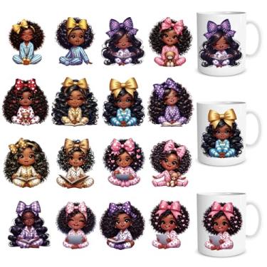 Imagem de Shejdgart Black Girl UV DTF Decalques - 16 folhas de copos UVDTF afro-americanos para 473 ml, adesivos temáticos de pijama para copo de vidro, garrafa de água, copo de caneca, artesanato faça você