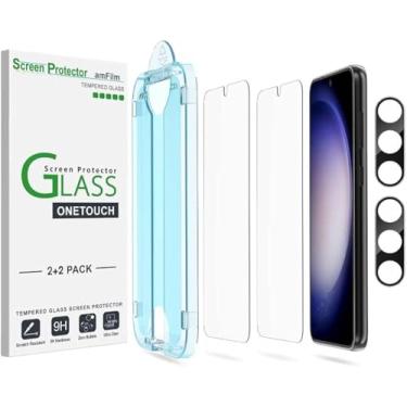 Imagem de Película amFilm OneTouch, para Samsung Galaxy S23 de 6,1 polegadas, Vidro temperado, Protetor de Lente da Câmera, Sem bolhas, Instalação em 30 Segundos, Antiarranhões, Pacote de 2 + 2