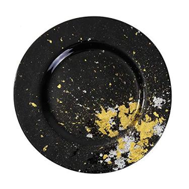 Imagem de Syosaku Prato de jantar de vidro Urushi japonês Φ 12,5 cm preto azeite com folha dourada, pode ser lavado na lava-louças