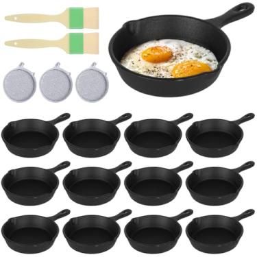 Imagem de OMISTAR Pacote com 20 frigideiras de ferro fundido de 10 cm, frigideira antiaderente com escova de óleo e esponja, frigideira de omelete de cabo longo, para churrasqueira