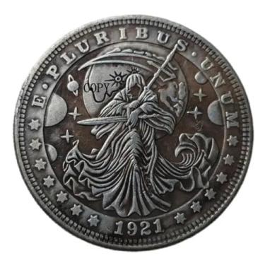 Imagem de Copy 1921 U.S Hobo Morgan Coin Grim Reaper Lady Death Hood Skull Skeleton Robe Scythe Sword Moon Night Sky Planets Stars Silver Plated Replica Commemorative