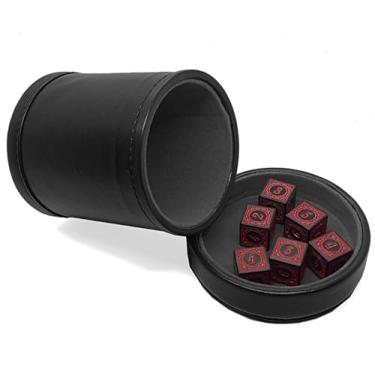 Imagem de Set of (6) Black & Red Opaque Dice 16mm 6-Sided Numerals 1-6 Squared Corners + PU Leather Cup with Removable Matching Lid Cover Tray Felt Lined (Dark Grey)